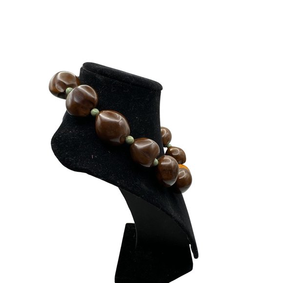 Brown and Orange Beaded Necklace with Green Spacer Beads 16 inch - Picture 5 of 7